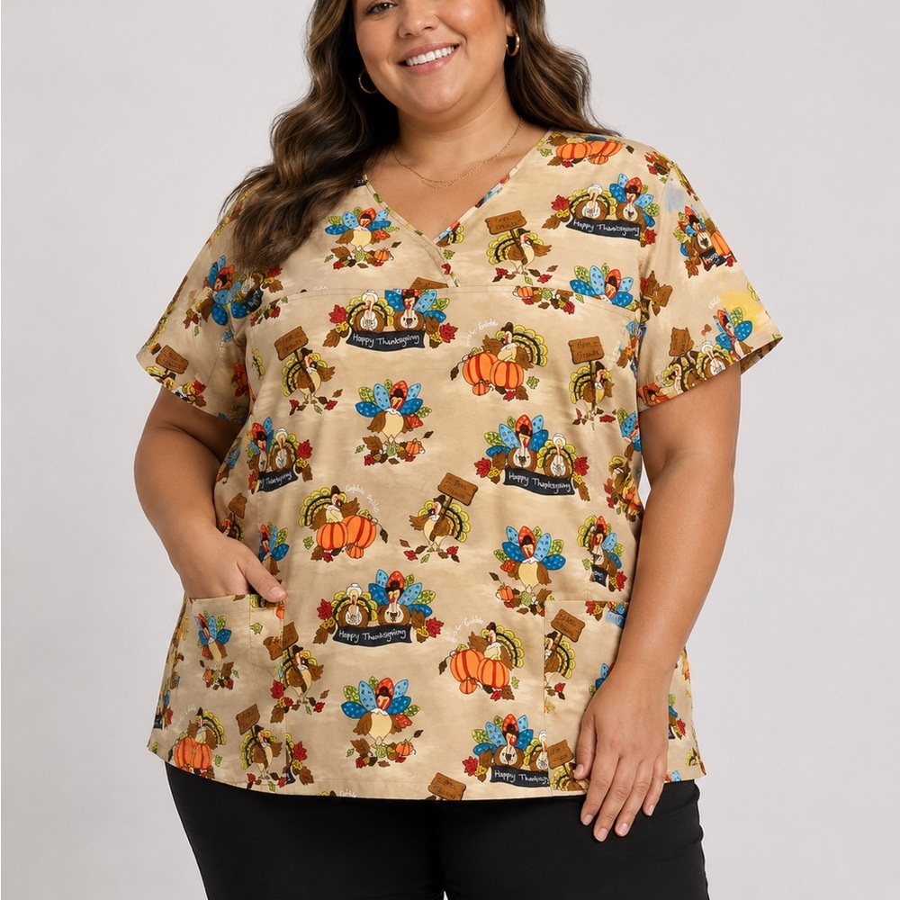 Scrubstar Beige‎ Thanksgiving Print V-Neck Scrub Top 2X
